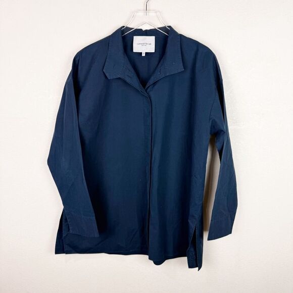 Lafayette 148 Navy Cotton Button Down Blouse Shirt Long Sleeve Medium - Picture 1 of 5